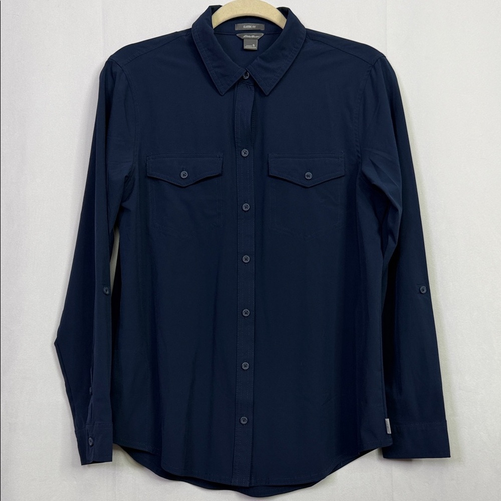 Eddie Bauer Classic Navy Button Up Roll Tab Sleeve Woman’s Lightweight Shirt